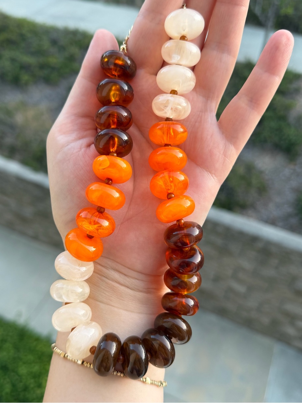Chunky Orange, Amber, Brown & Cream Beaded Necklace